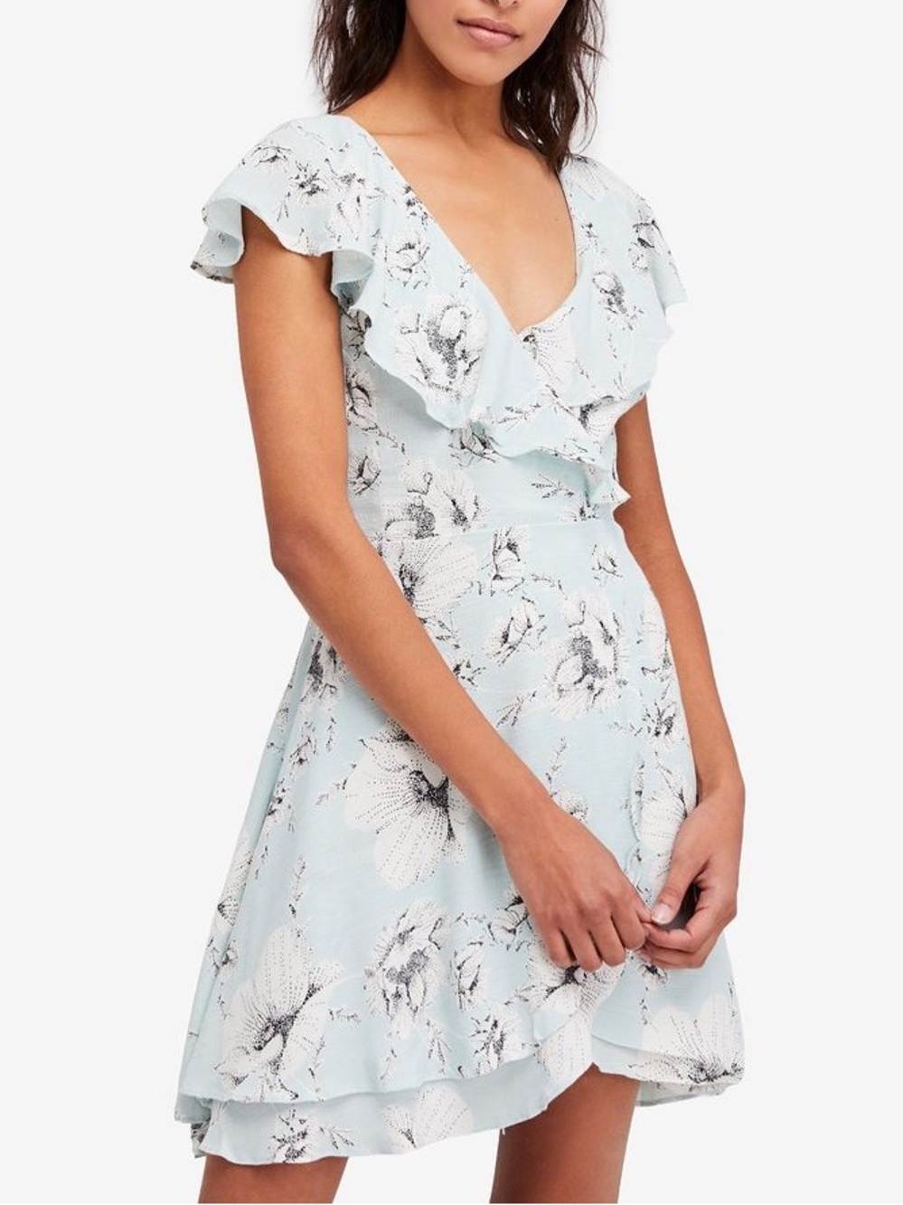 Free People French Quarter Wrap Mini Dress XS Blue Floral